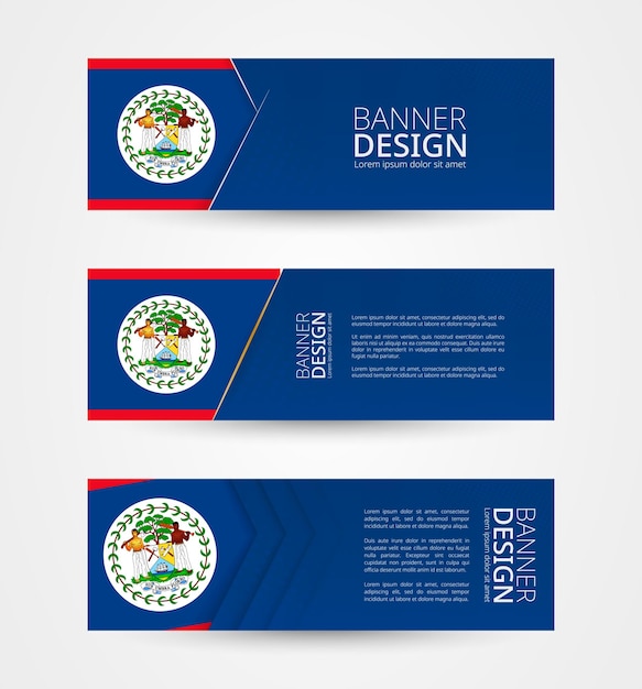 Set of three horizontal banners with flag of Belize Web banner design template in color of Belize flag