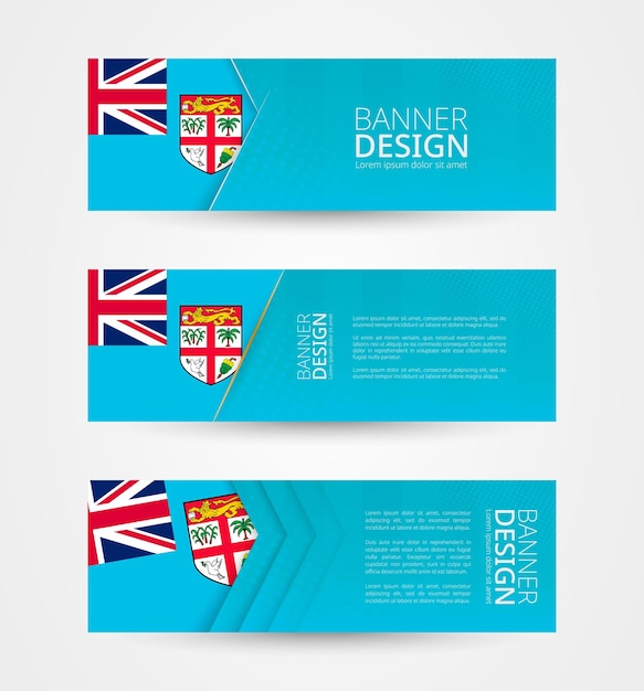 Vector set of three horizontal banners with flag of fiji web banner design template in color of fiji flag