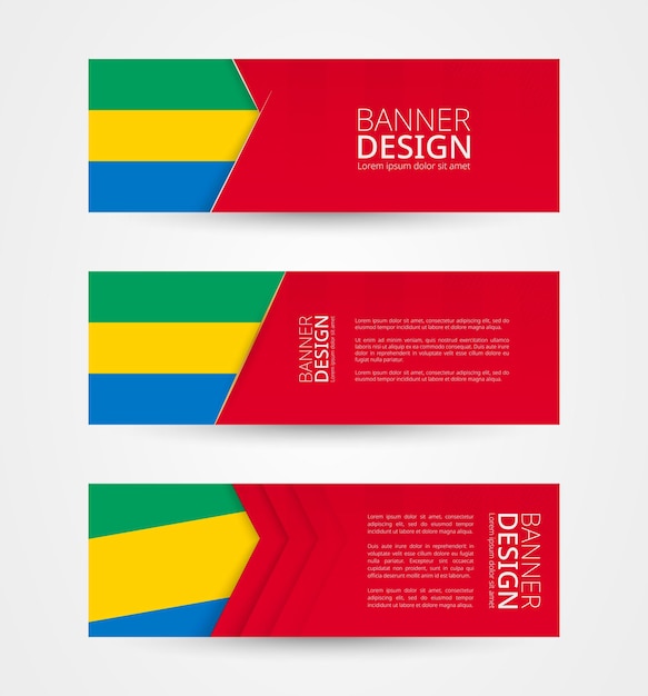 Vector set of three horizontal banners with flag of gabon web banner design template in color of gabon flag