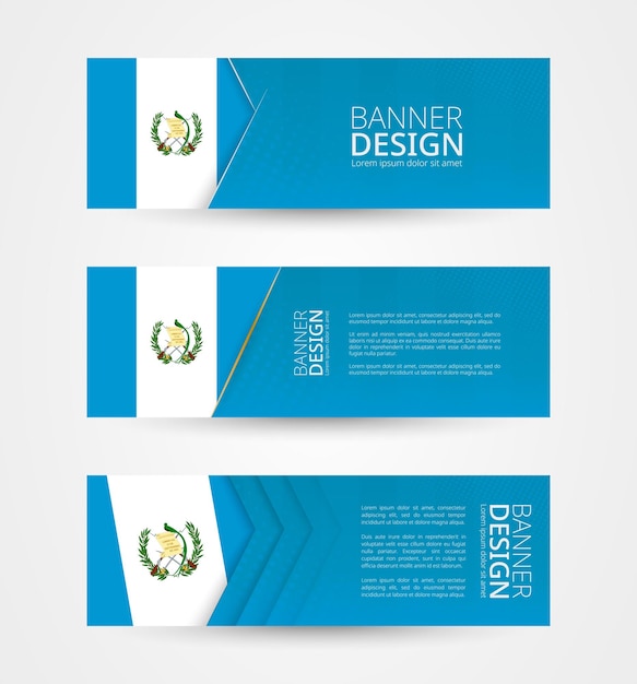 Vector set of three horizontal banners with flag of guatemala web banner design template in color of guatemala flag
