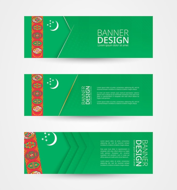 Vector set of three horizontal banners with flag of turkmenistan web banner design template in color of turkmenistan flag