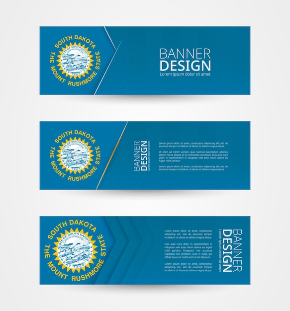 Vector set of three horizontal banners with us state flag of south dakota web banner design template in color of south dakota flag