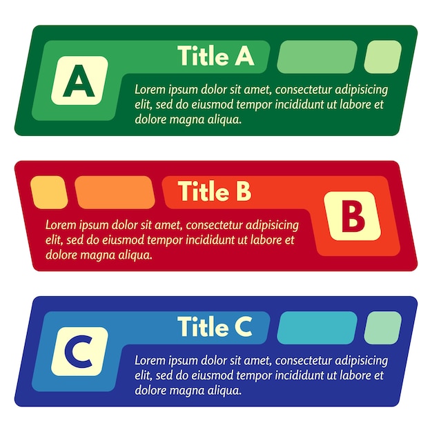 Set di tre striscioni di opzioni colorate orizzontali. modello di progettazione infografica passo dopo passo. illustrazione vettoriale