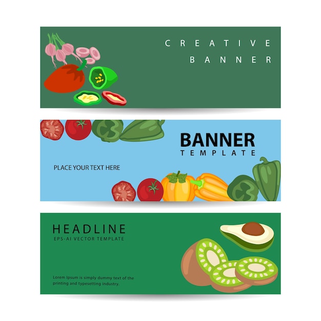Набор из трех горизонтальных овощных и фруктовых баннеров векторной иллюстрации