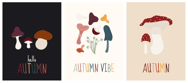 Vector a set of three illustrated fall themed cards featuring a variety of mushrooms and seasonal messages