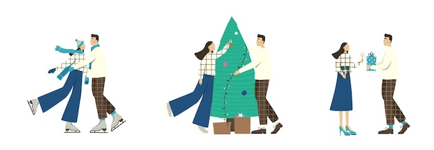 Set of three illustrations of a couple in love on the holidays Design elements for web and print