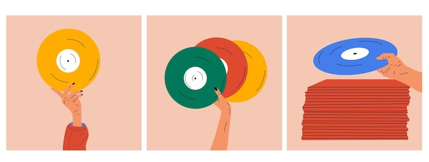 Vettore set di tre illustrazioni la mano tiene in mano un vecchio disco in vinile. stile di moda retrò degli anni '80