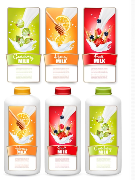 Set of three labels of fruit in milk splashes and bottles with tags. gooseberry, strawberry, blueberry, honey, orange. vecto