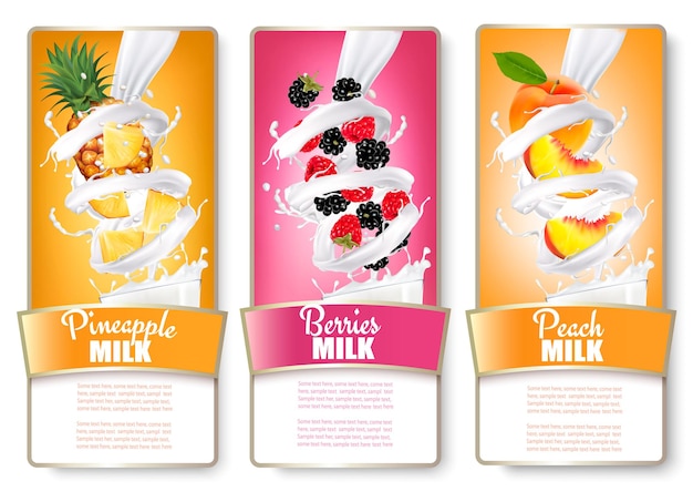 Vector set of three labels of of fruit in milk splashes. pineapple, blackberry, raspberry, peach. vector.