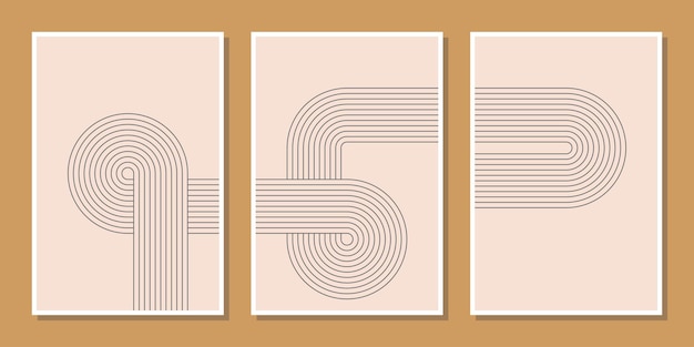 Set of three mid century modern minimalist wall decoration art print with arc lines