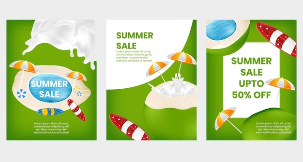 Набор из трех минимальных летних распродаж флаера и векторной иллюстрации шаблона плаката