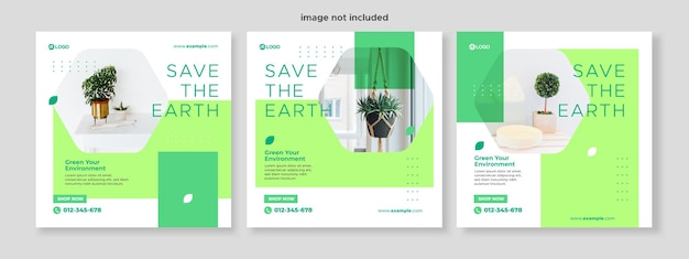 Vettore set di tre sfondi minimalisti della giornata mondiale dell'ambiente della promozione della natura banner modello di social media pack premium vector