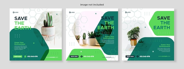 Set of three minimalist background of world environment day of nature promotion banner social media pack template premium vector