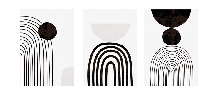 Vector set of three modern black and white posters with rainbows and abstract geometric shapes