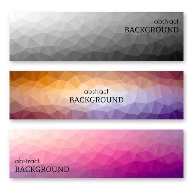 Set of three multi colored banners in low poly art style. background with place for your text. vector illustration