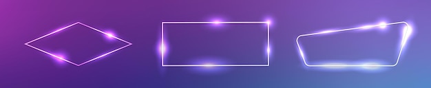 Set of three neon frames with shining effects on dark purple background empty glowing techno backdrop vector illustration