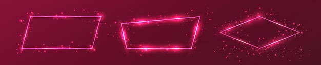 Set of three neon frames with shining effects and sparkles on dark red background