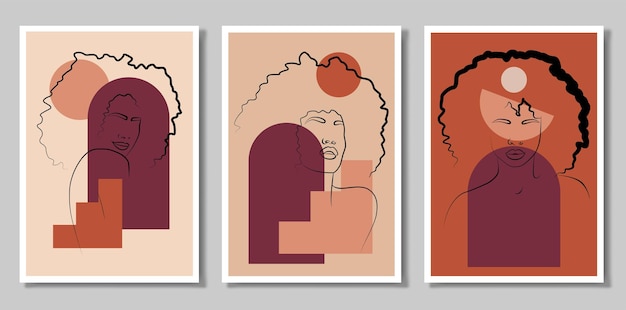 A set of three paintings Drawing of the face line of an African woman