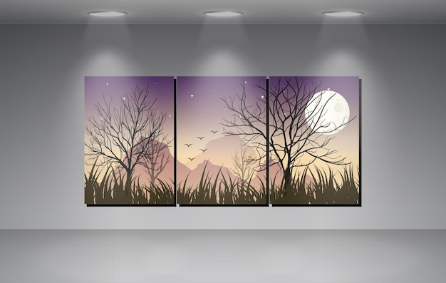 Vector a set of three paintings with a moon and the sky in the background.