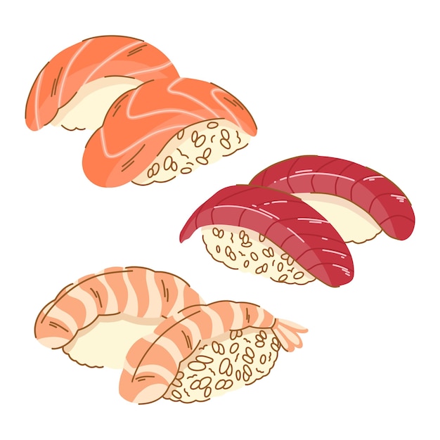 A set of three pairs of nigiri sushi. Sushi with salmon, shrimp and tuna.