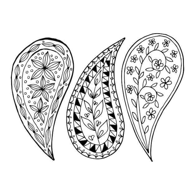 Set of three paisley doodle elements simple freehand drawing black and white vector image