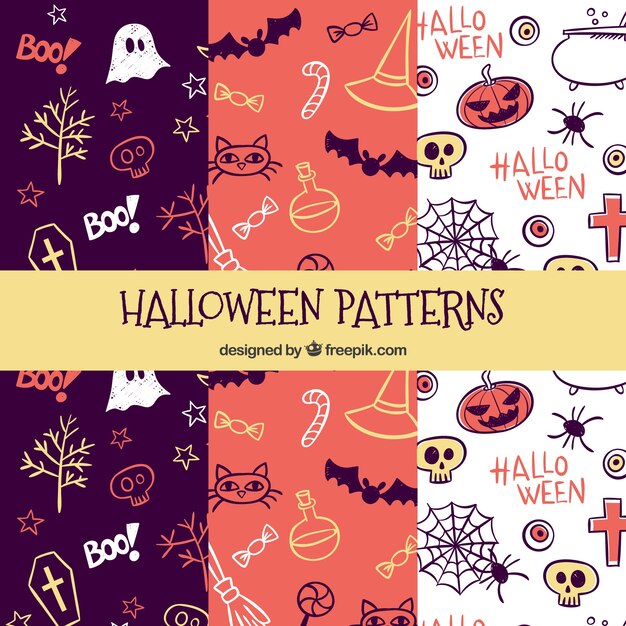 Vector set of three patterns with drawings of halloween