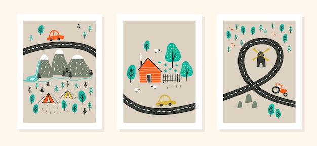 Set of three posters for kids room decoration Vector illustration with roads cars and nature