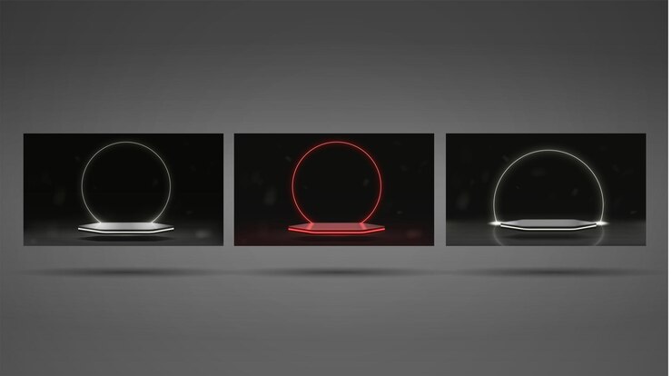 Vector a set of three posters with a podium in white and red colors with a neon bright shiny frame