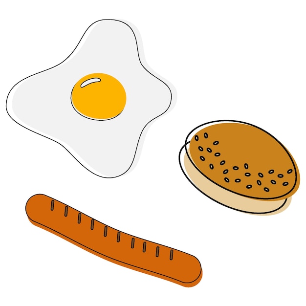 아침 식사를 위한 세 가지 제품 세트 참깨 소시지를 곁들인 계란 후라이 빵 패스트 푸드