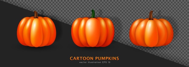 Vector set of three realistic 3d orange pumpkins. cartoon halloween or thanksgiving squash. autumn decor