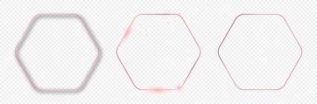 Set of three rose gold glowing rounded hexagon frames isolated on transparent background Shiny frame with glowing effects Vector illustration