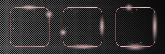 Set of three rose gold glowing rounded square frame isolated on dark transparent background
