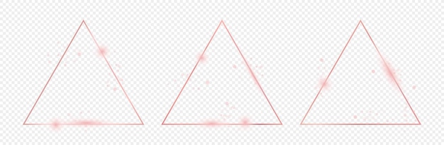 Set of three rose gold glowing triangle frames isolated on transparent background Shiny frame with glowing effects Vector illustration