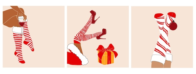 Set of three Santa woman legs with christmas ball, gift and wine. Vector in cartoon style.