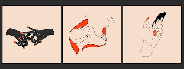 Vector set of three sexual gesture - hand, finger simulating and lips intercourse and sex.