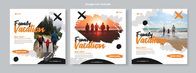 Set di tre semplici pennelli grunge sfondo di viaggi in famiglia banner promozione social media pack template premium vector