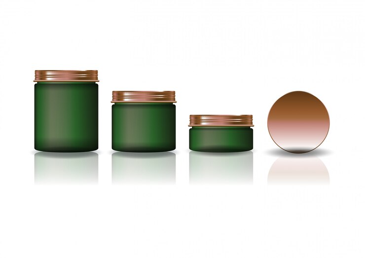 Vector set of three sizes green cosmetic round jar with copper lid.