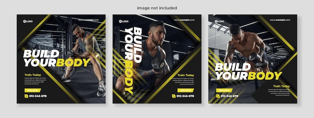 Vector set of three sporty metallic yellow gradient background of gym fitness promotion banner social media pack template premium vector