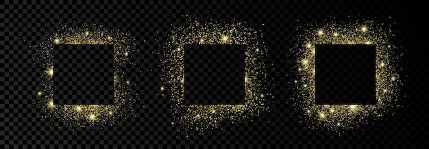 Set of three square frames with golden glitter on dark transparent background Empty white background Vector illustration