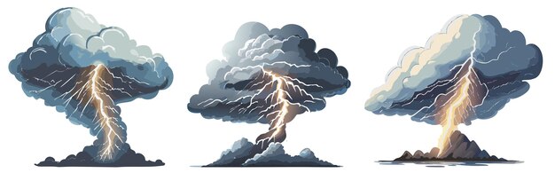 Set of three storm clouds with lightening isolated on white background