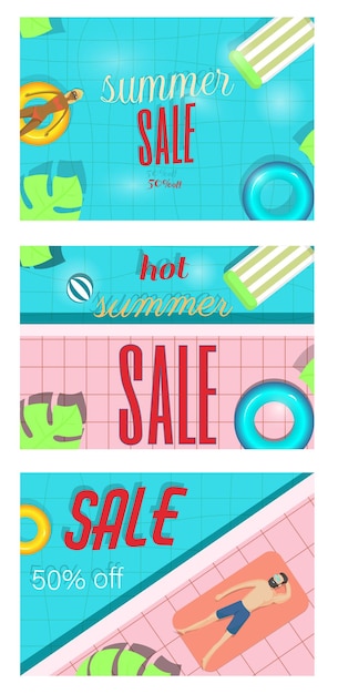 A set of three templates with the inscription summer sale on the background of the pool on top Design of advertising banners