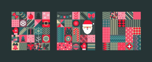 Vector set of three vector christmas seamless patterns assembled from squares with christmas symbols and geometric ornaments vector endless backgrounds of new year symbols in modern style