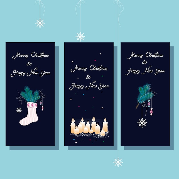 Set of three vector greeting cards with Christmas sock, candles, candies and lettering