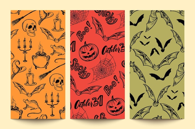 Set of three vector Halloween seamless patterns with hand drawn elements in sketch style