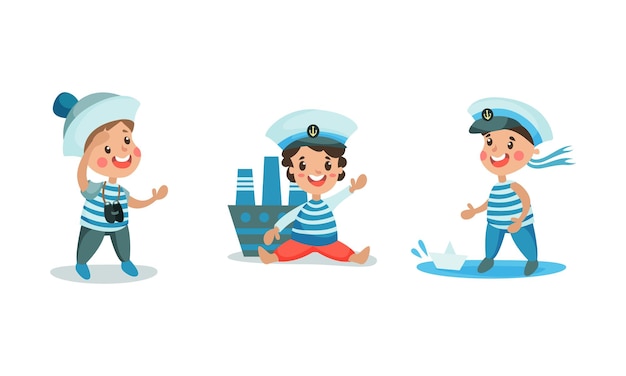 Vector the set of three vector illustrations with boys playing in sailors wearing suit and peakless visor with toy and paper boat binoculars isolated on white background