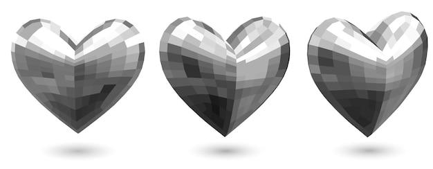 Set of three volume faceted hearts in silver colors with shadows on white background