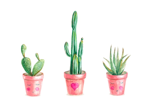 Set of three watercolor cactus in  cute pots isolated on white background.