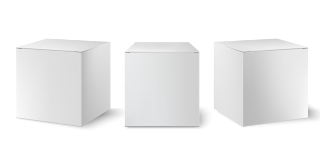 Set of three white boxes positioned at different angles. Realistic. 