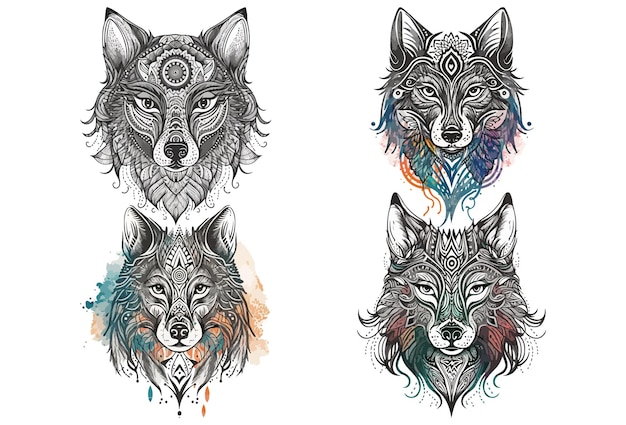 Set of three wolf heads on a white background.