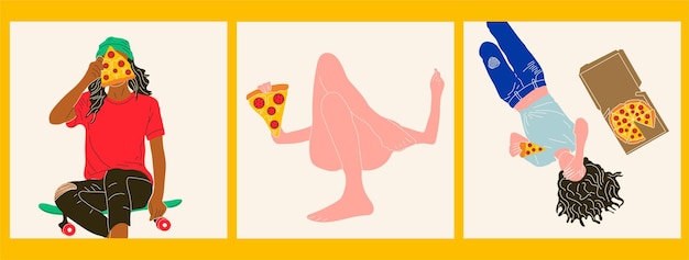 Set of three  young happy woman cartoon character eats pizza vector in cartoon style.